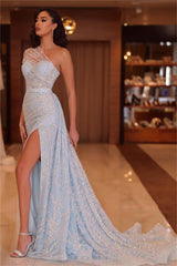 Glamorous One Shoulder Sleeveless Pleated Split Long Formal Dress With Beadings