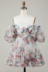 Ivory Puff Sleeves A-Line Floral Short Homecoming Dress/Mini Dress with Ruffles