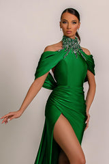 Green High Neck Pleated Mermaid Formal Dress Halter With Appliques