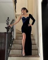 One Shoulder Long Sleeve Long Mermaid Split Formal Dress With Beading