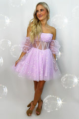 Pink Corset Detachable Sleeves A-Line Tulle Homecoming Dress/Mini Dress