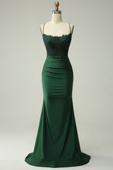 Dark Green Long Prom Dress with Mermaid Spaghetti Straps and Appliques