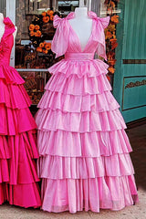 Pink Ruffled Prom Dress with Deep V Neckline in A-Line Style