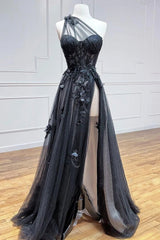 Black One Shoulder A-Line Prom Corset Dress with Appliques