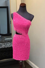 Sparkly Fuchsia Sequins Fringed Cut Out Tight Short Homecoming Dress/Mini Dress