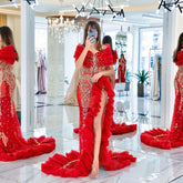 Elegant Red Off-The-Shoulder Evening Dress With Split