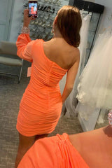 Tight Fuchsia Ruched Homecoming Dress/Mini Dress with Sleeves
