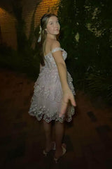 Pink A-Line Off the Shoulder Tiered Short Homecoming Dress/Mini Dress