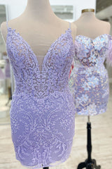 Lavender Lace Spaghetti Straps Tight Short Homecoming Dress/Mini Dress with Fringes