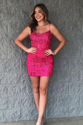 Sparkly Fuchsia Sequined Corset Tight Short Homecoming Dress/Mini Dress