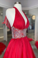 Long Red Prom Dress with Beading in A-Line Halter Neck Style
