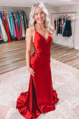 Mermaid Prom Dress in Red Satin Featuring Ruffles