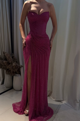 Strapless Sleeveless Mermaid Long Formal Dress With Split Pleated