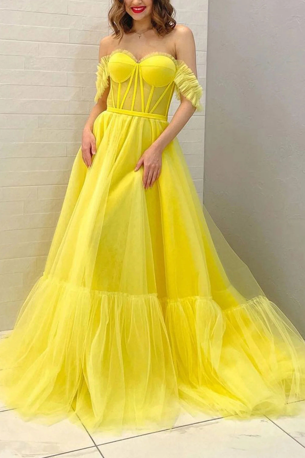 Yellow Off-the-Shoulder Corset Prom Dress with A-Line Silhouette