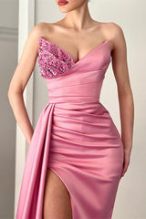 Pink V-Neck Beads Long Slit Mermaid Evening Dress With Ruffles