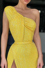 Yellow Mermaid One-Shoulder Evening Dress Sequins Split