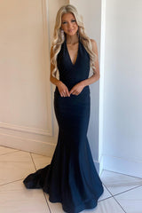 Black Long Prom Dress with Deep V Neck and Open Back in Mermaid Style