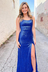Long Prom Dress with Royal Blue Sequins