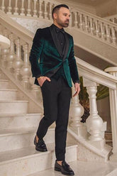 Fashion Dark Green Velvet Three-Piece Shawl Lapel Wedding Groom Suits