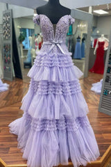 Lilac Long Prom Dress with Ruffles 鈥?Off-the-Shoulder A-Line Princess Style