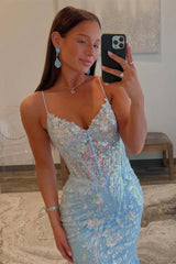 Elegant Blue Mermaid Corset Prom Dress with Sequins and Spaghetti Straps