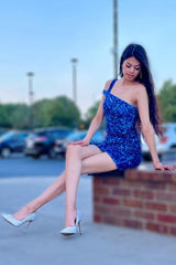 Royal Blue Open Back One Shoulder Tight Sequins Homecoming Dress/Mini Dress