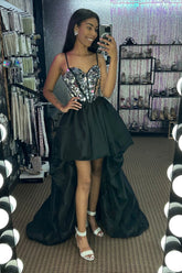 Sparkly Black High Low Satin A-Line Mirror Homecoming Dress/Mini Dress
