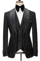 Gorgeous Sparkly Black Three-Piece Shawl Lapel Bespoke Wedding Suit for Men