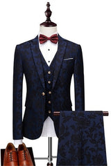 High-Quality Navy Blue Tuxedo Jacquard Groomsmen Outfits with Three Pieces