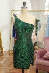 Glitter Dark Green One Shoulder Beaded Tight Homecoming Dress/Mini Dress