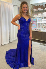 Royal Blue Sequined Long Prom Dress with Mermaid Spaghetti Straps and Front Split