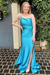 Sky Blue Long Prom Dress with One Shoulder Sheath and Front Split