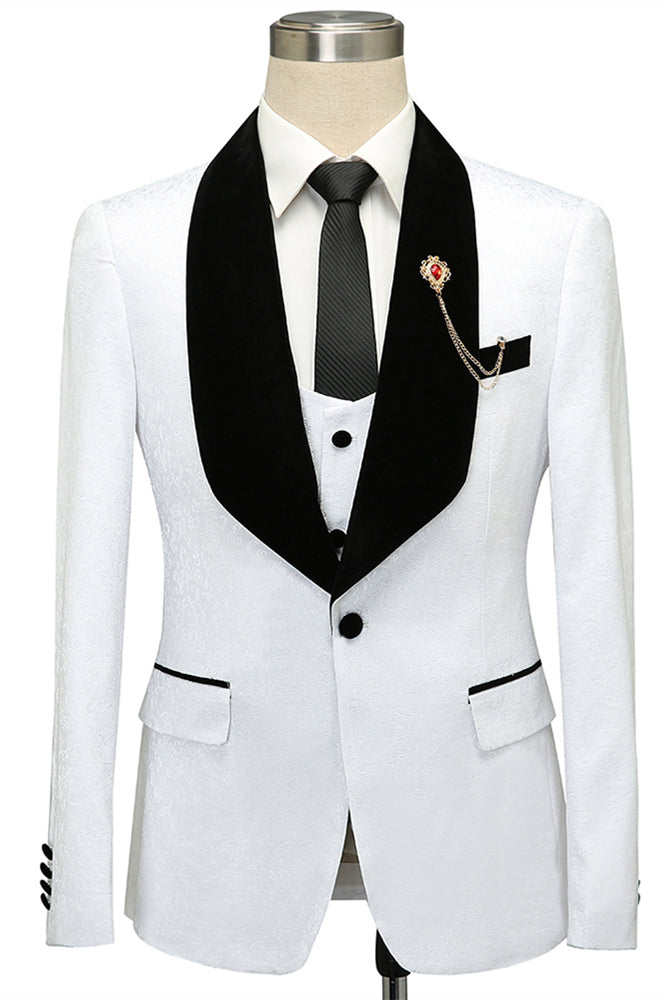 Classic One-Button Black Lapel Wedding Tuxedo with White Jacquard