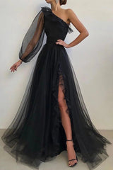 Black One Shoulder A-Line Long Sleeve Prom Gown
