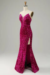 Strapless Sequin Prom Dress in Hot Pink Featuring a Slit
