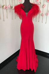 Red V-Neck Mermaid Prom Dress Adorned with Feathers