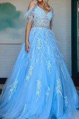 Elegant Off-the-Shoulder Blue Corset Prom Dress with Feather Appliques in A-Line