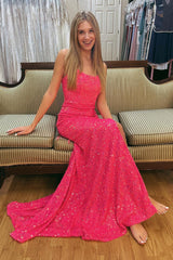 Sequined Prom Dress with Hot Pink Lace-Up Back