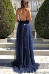 Dark Navy Deep V Neck Backless Spaghetti Strap Long Formal Dress With Sequins