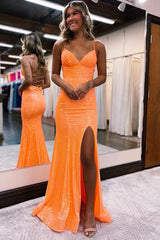 Orange Sequins Long Prom Dress with Mermaid Spaghetti Straps and Front Split
