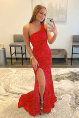Red Sequined One-Shoulder Prom Gown with Thigh Slit