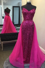 Long Prom Dress with Sparkly Hot Pink Detachable Sequined Train
