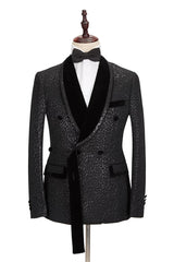 Classic Black Jacquard Velvet Double-Breasted Lapel Belt Leopard with Blazer for Groom