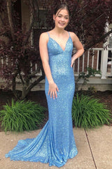 Light Blue Sequined Mermaid Prom Dress with Spaghetti Straps and Backless Design