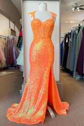 Orange Sequins Corset Prom Dress with Mermaid Spaghetti Straps and Appiques