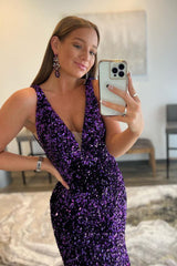 Purple Sequined Prom Dress with Deep V Neck and Open Back in Mermaid Style