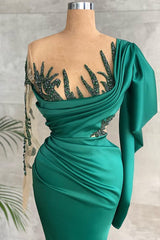 Green Long Sleeves Mermaid Side Split Formal Dress With Appliques