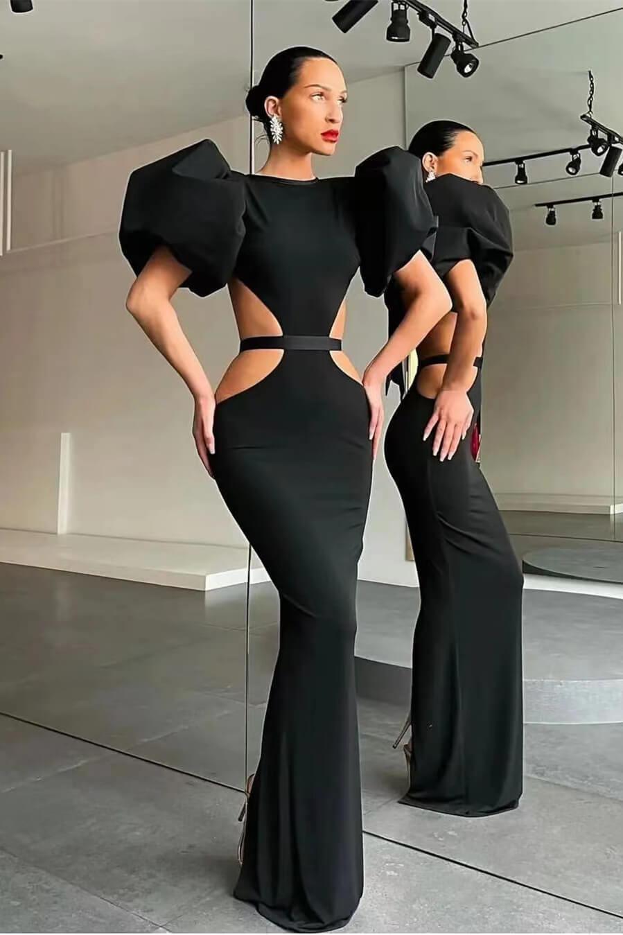 Mermaid Shine Puff Sleeves Evening Dress Black