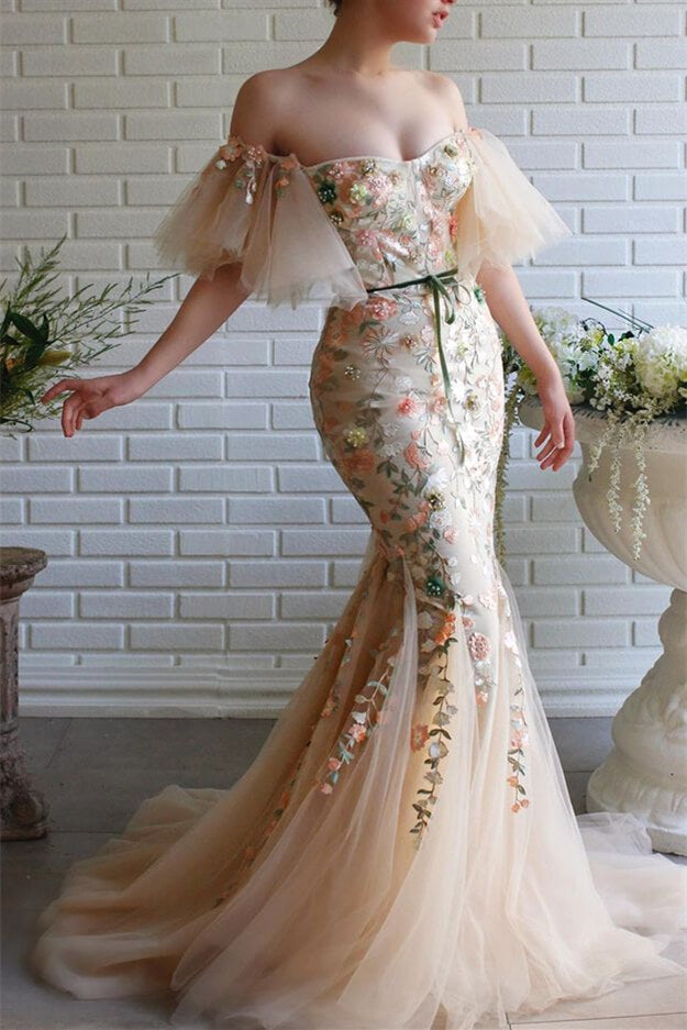 Off-The-Shoulder Strapless Flowers Evening Dress Beadings With Appliques Mermaid