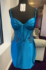 Blue Corset Open Back Tight Short Homecoming Dress/Mini Dress with Appliques